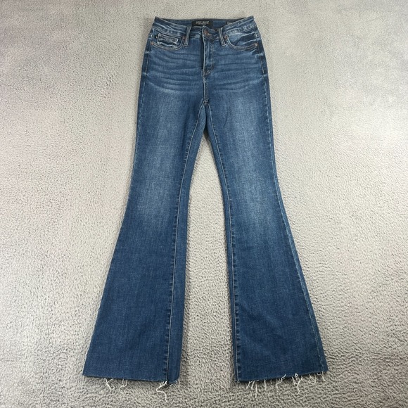 Judy Blue Denim - Judy Blue Control Top Flare Jeans Dark Wash Stretch Denim Size 3/26 Raw Hem